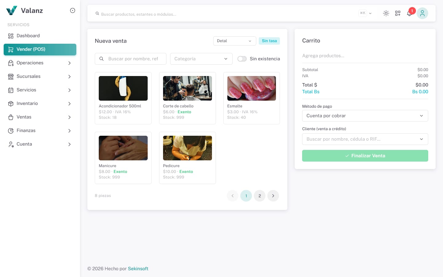 Vender (POS) — La pantalla · Servicios